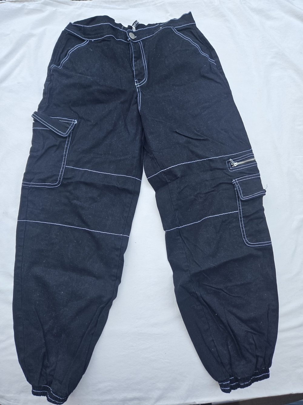 Black Cargo Ankle Pants with Contrast Stitching